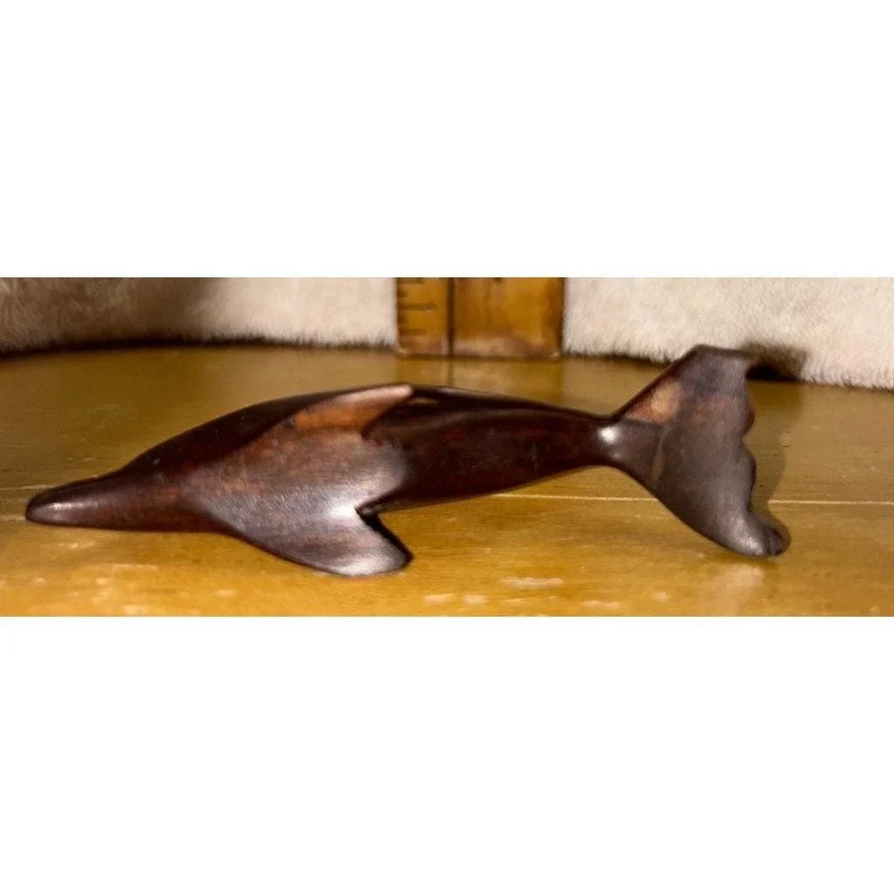 Hand Carved Wooden Dolphin Figurine Dark Wood Beach Coastal Decor